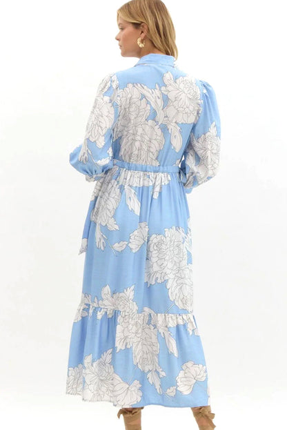 Sky Blue Floral Print Shirt Collar Button Down 3/4 Sleeve Ruffle Hem Long Dress