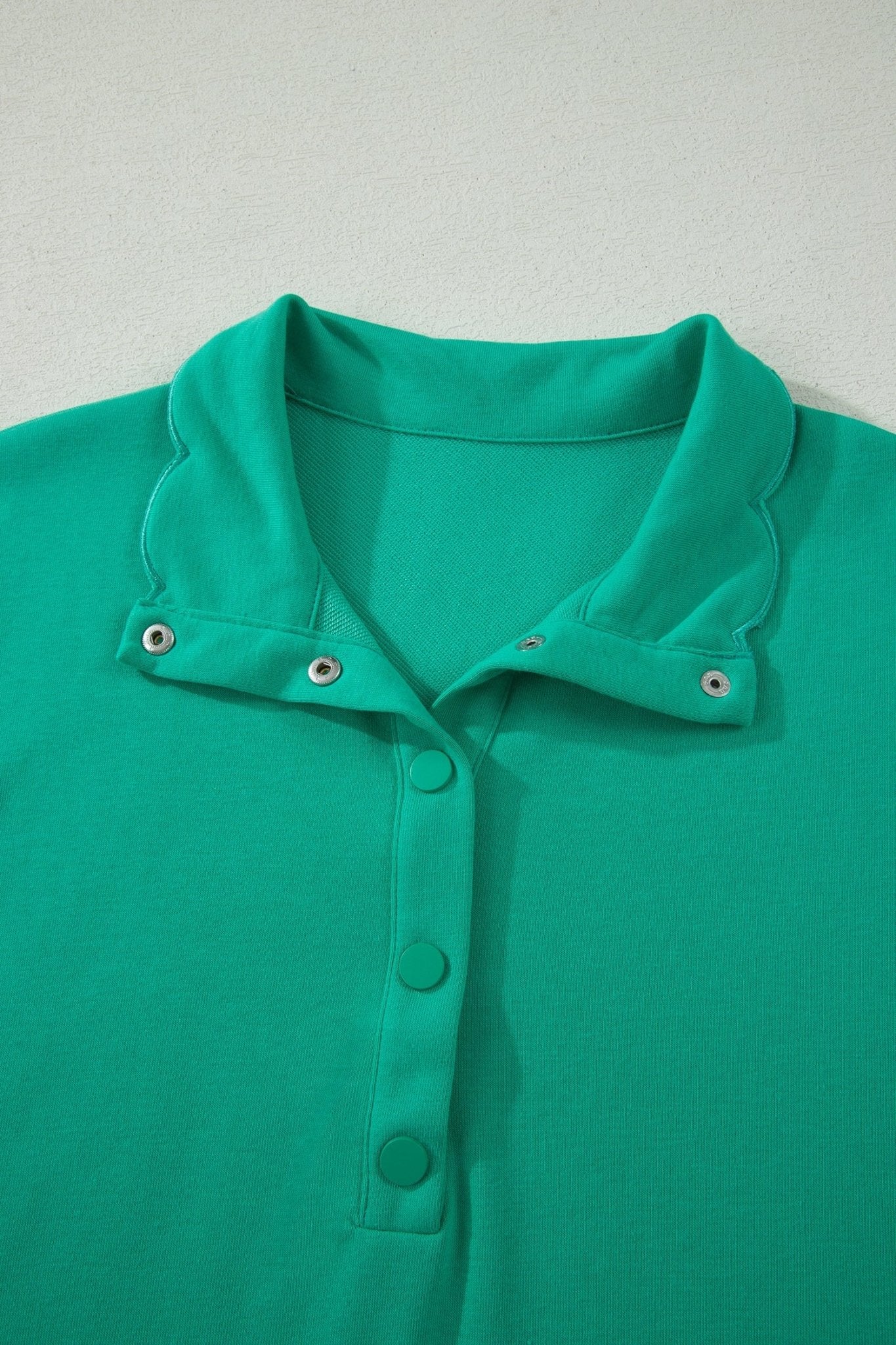 Sea Green Solid Color Snap Button Polo Collar Short Sleeve Scallop Hem Mini Dress - Loving It Shop