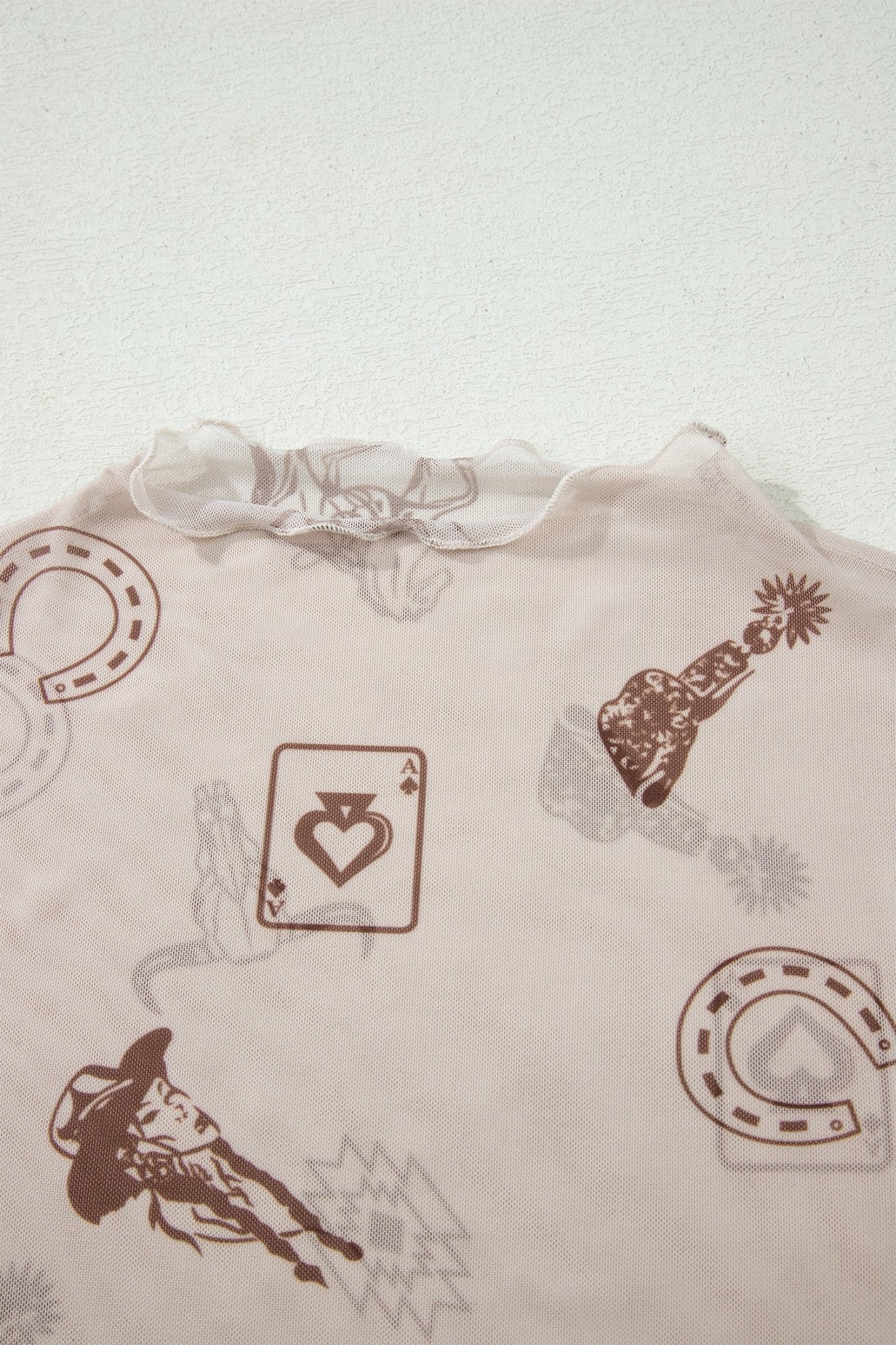 Oatmeal Western Printed Mesh Short Sleeve Top - Loving It Shop