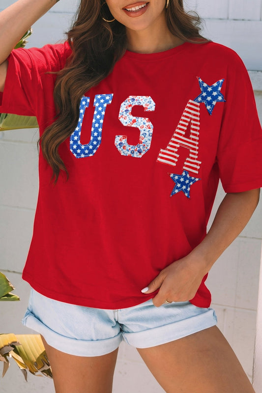 Fiery Red Patriotic USA Slogan Patch Embroidery Short Sleeve T Shirt - Loving It Shop