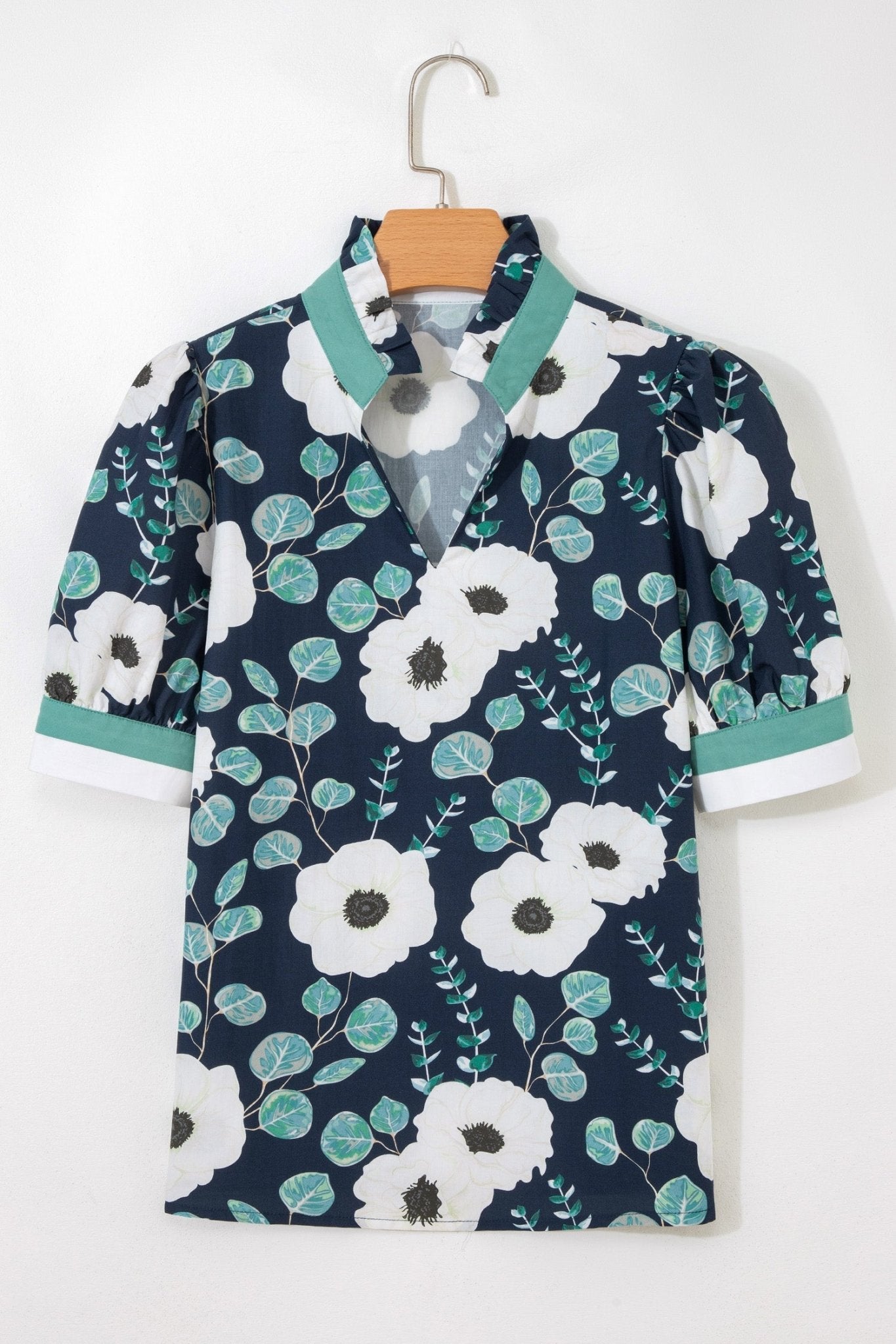 Blue Floral Print Striped Patchwork V Neck Short Sleeve Blouse - Loving It Shop
