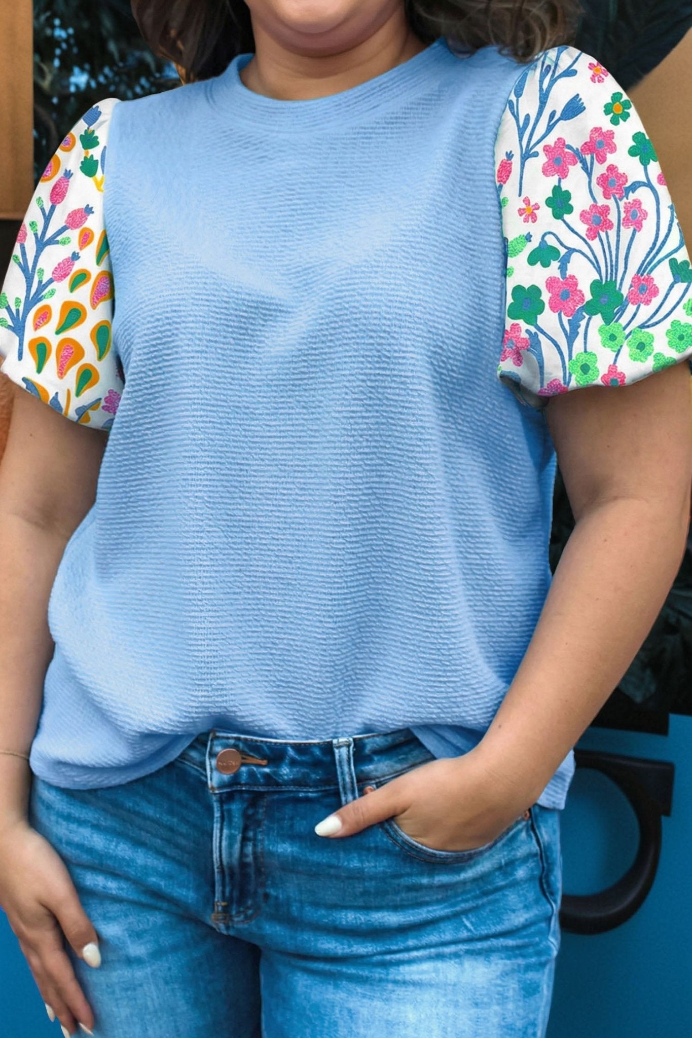 Light Blue Textured Bodice Contrast Floral Sleeve Plus Size Top - Loving It Shop
