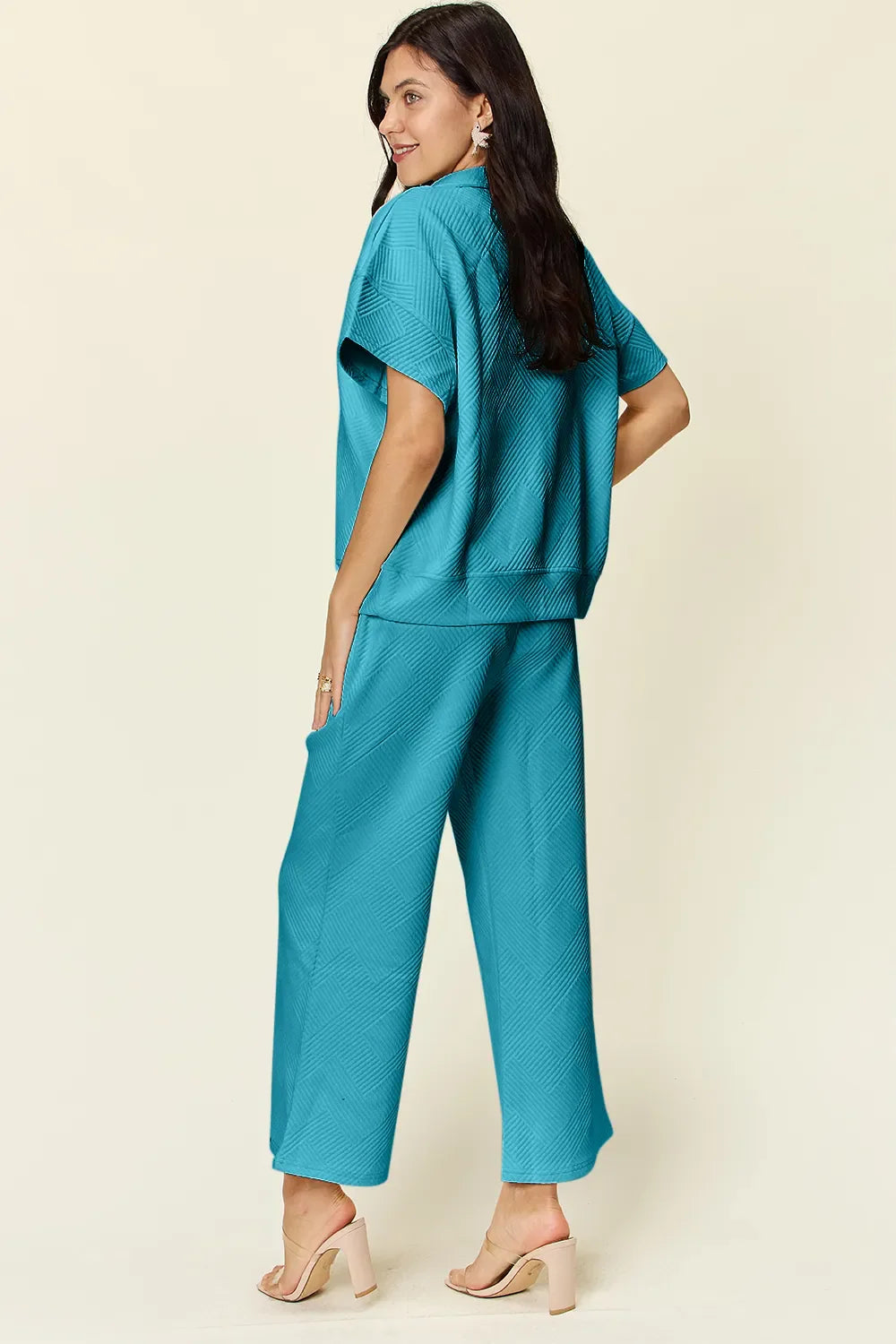 I am a Fashion Junky Full Size Texture Half Zip Short Sleeve Top and Pants Set