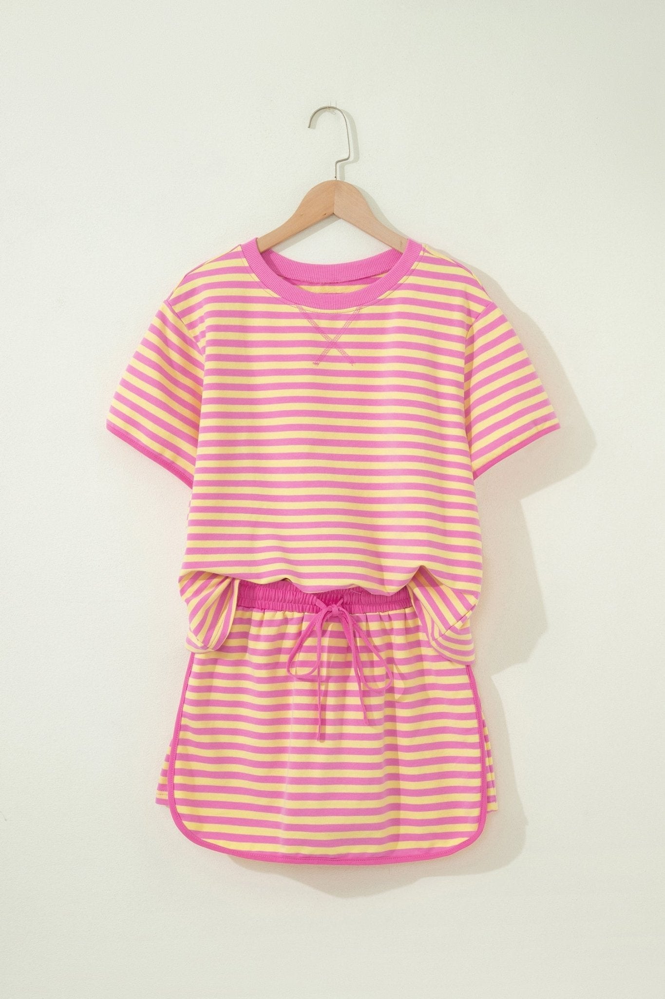Pink Stripe Loose Short Sleeve Top and Skirt Set - Loving It Shop