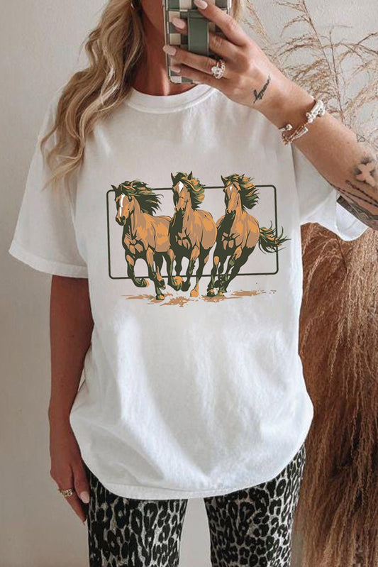 White Texas Horse Graphic Cuffed Sleeve Graphic T Shirt - Loving It Shop