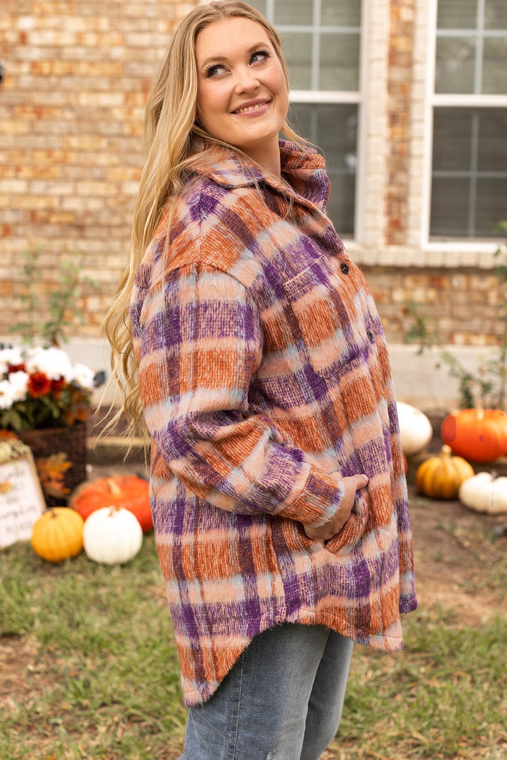 Multicolour Plus Size Plaid Print Collared Button up Jacket - Loving It Shop