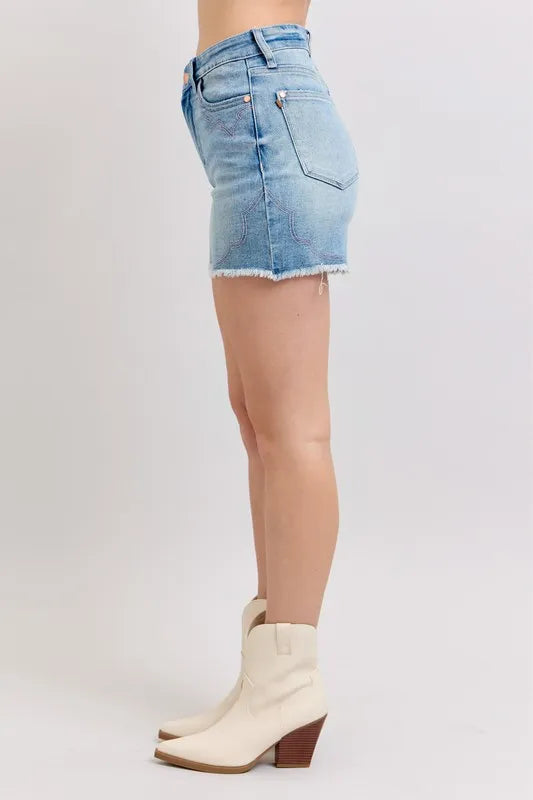 Full Size High Waist Western Embroidery Detail Cut Off Denim Shorts Plus Size