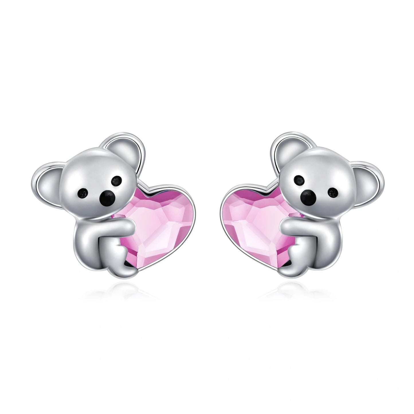 925 Sterling Silver Koala Bear Cute Animal Hypoallergenic Heart Crystal Earrings Jewellery
