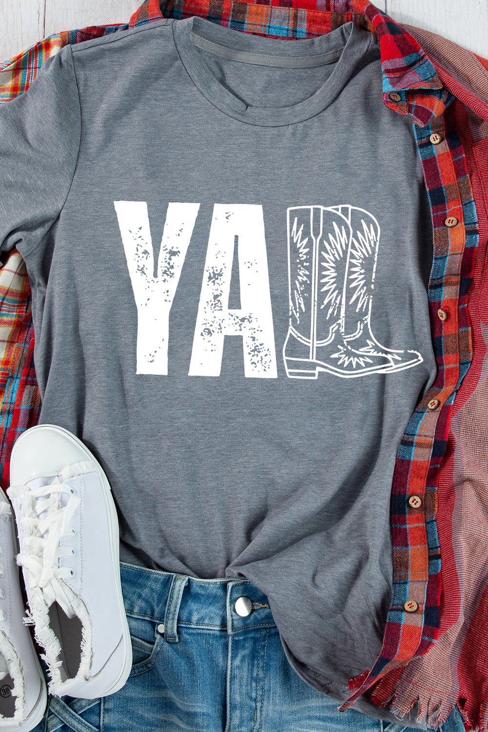 Gray YALL Western Boots Printed Tee - Loving It Shop