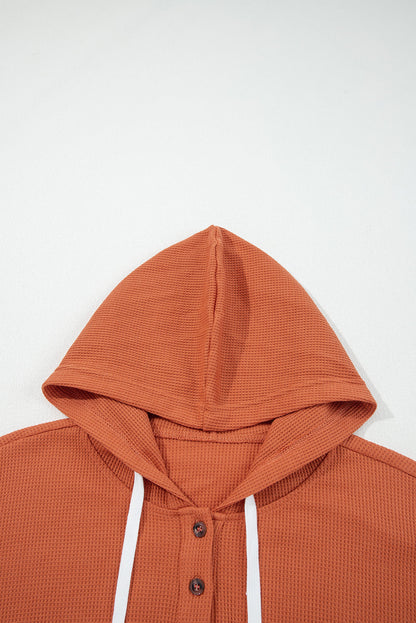 Cinnamon Waffle Printed Patchwork Drawstring Hooded Long Sleeve Top