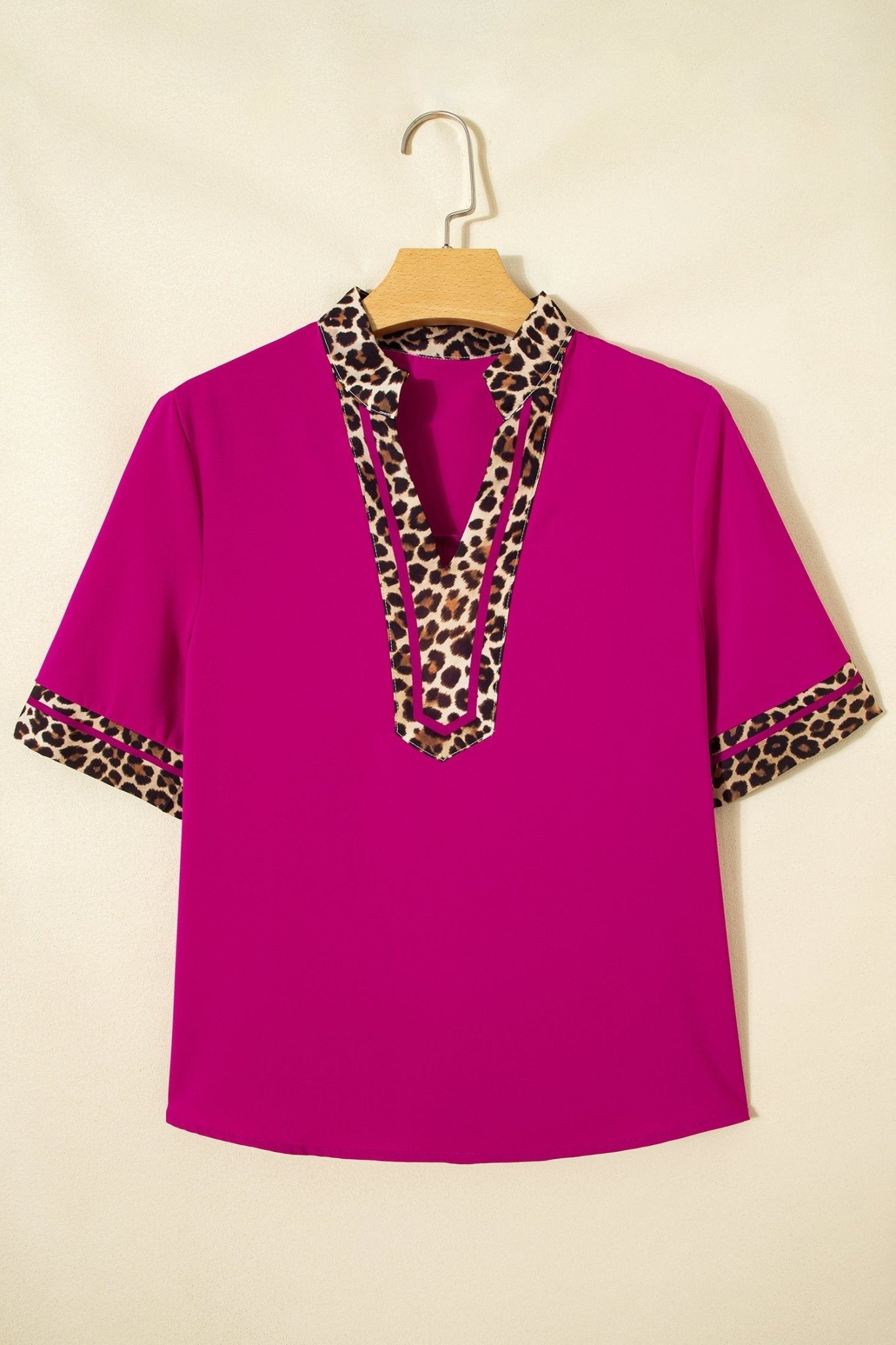Violet Leopard Patchwork Trim Split Neck Short Sleeve Blouse - Loving It Shop