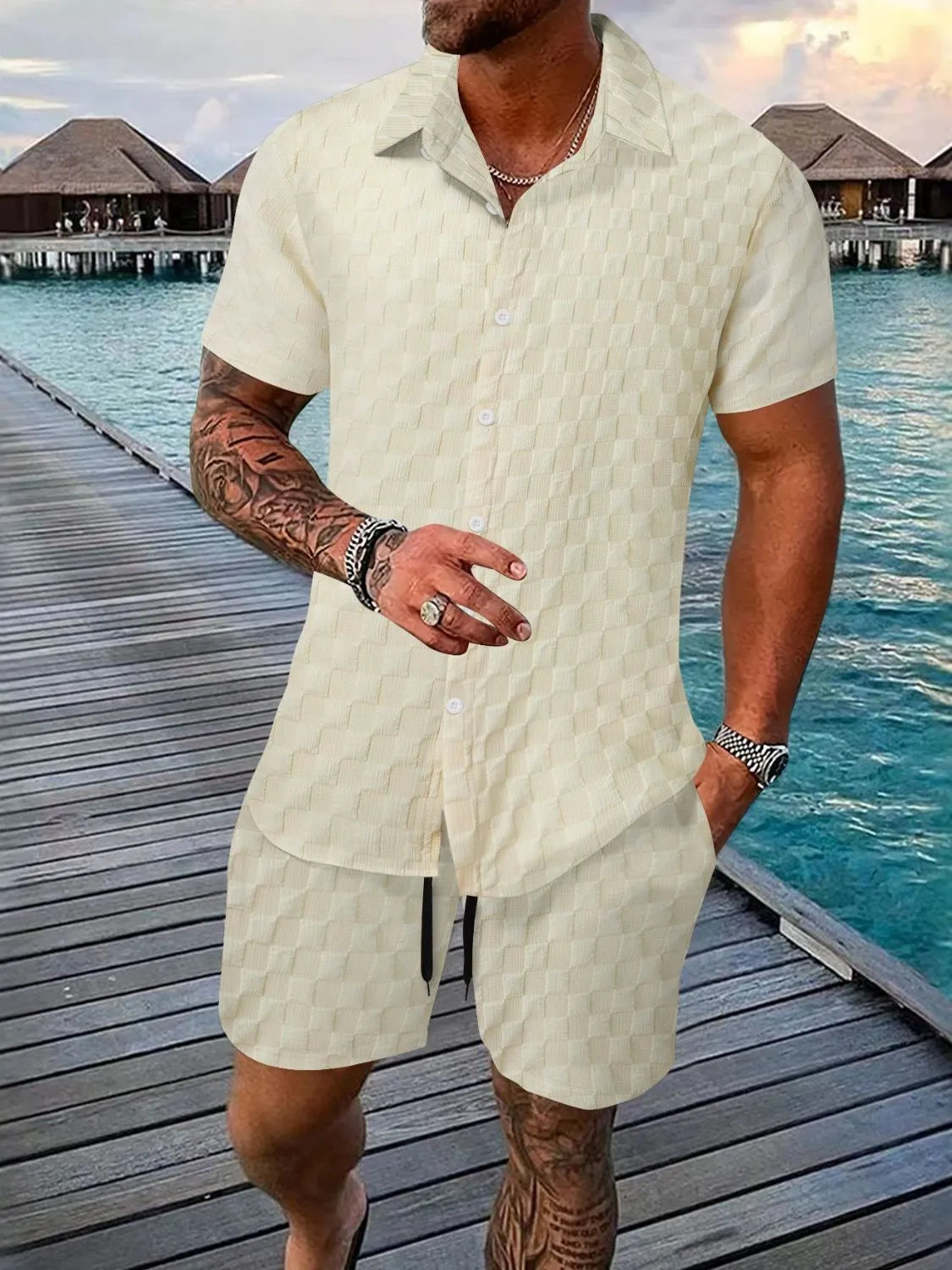 Men's Full Size Collared Neck Short Sleeve Top and Shorts Set Plus Size