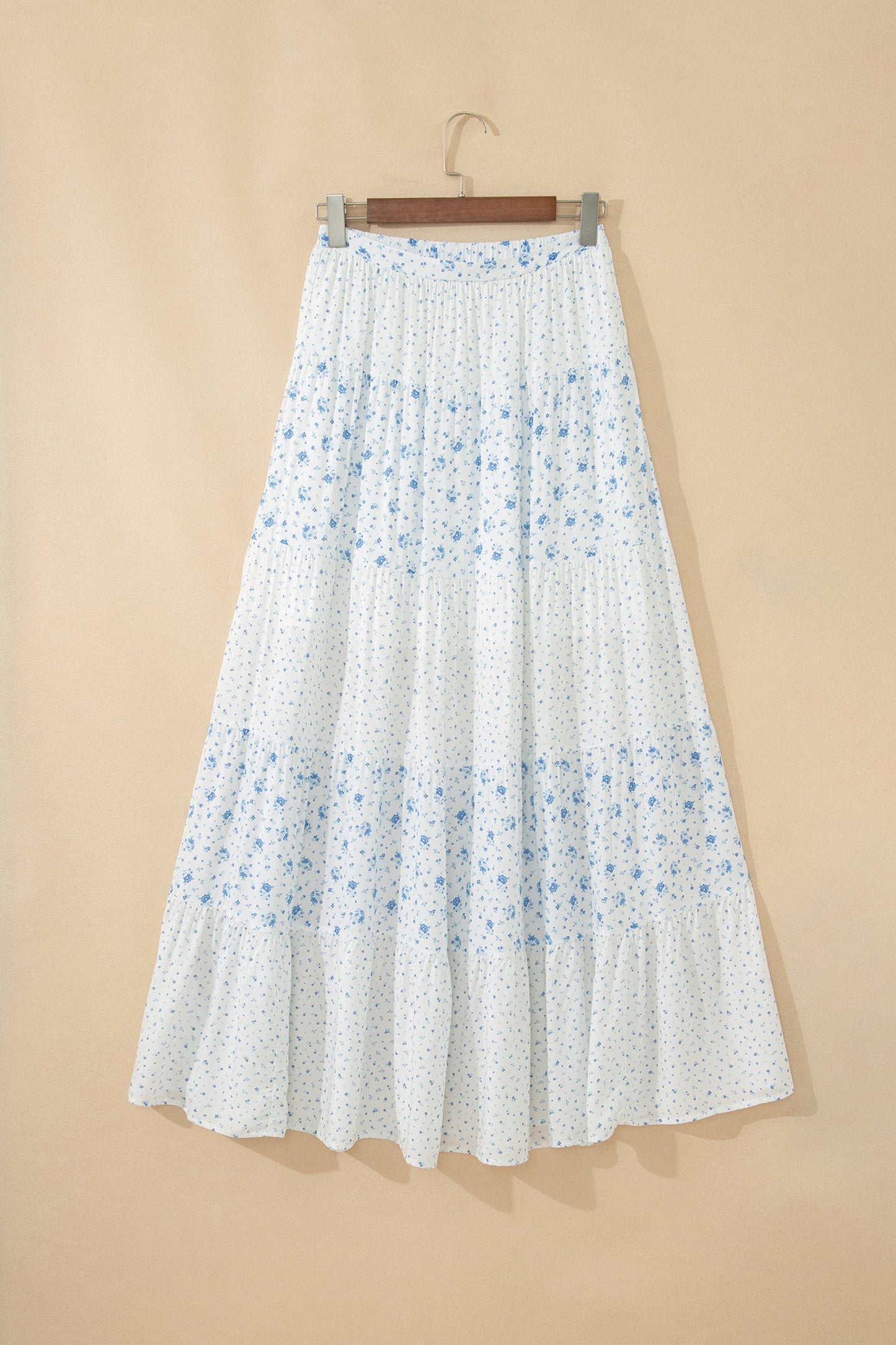 Sky Blue High Waist Tiny Floral Print Boho Maxi Skirt