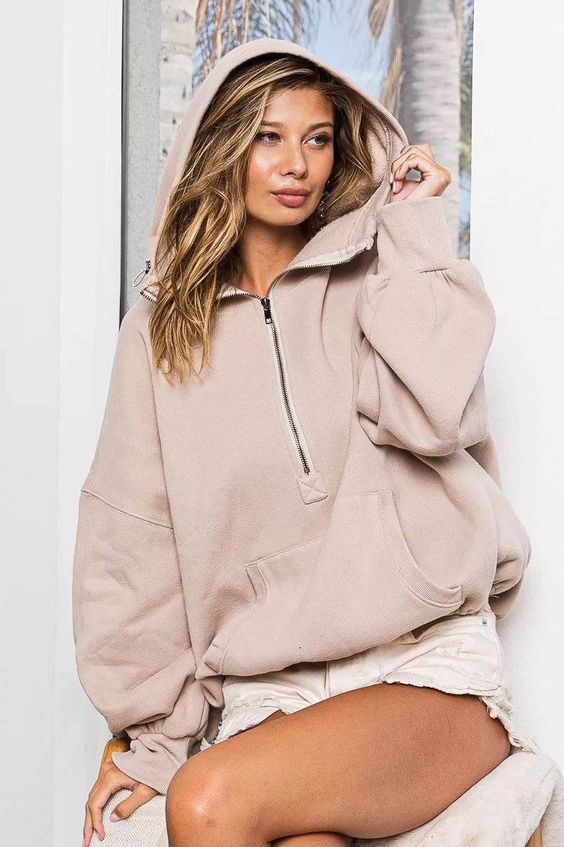 Stitch Detailed Elastic Hem Half Zip Fleece Hoodie