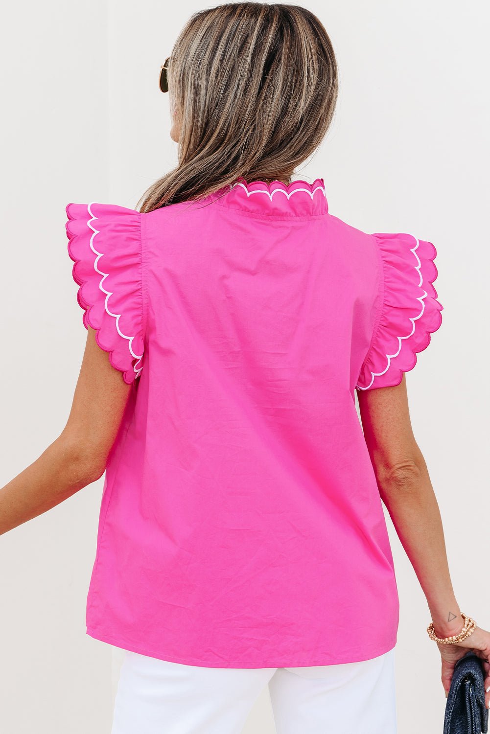 Bright Pink Contrast Scallop Trim Layered Short Sleeve V Neck Blouse - Loving It Shop