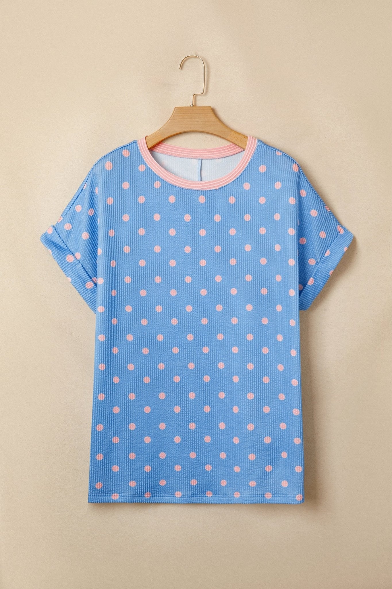 Sky Blue Raised Rib Polka Dot Print Cuffed Short Sleeve Top - Loving It Shop