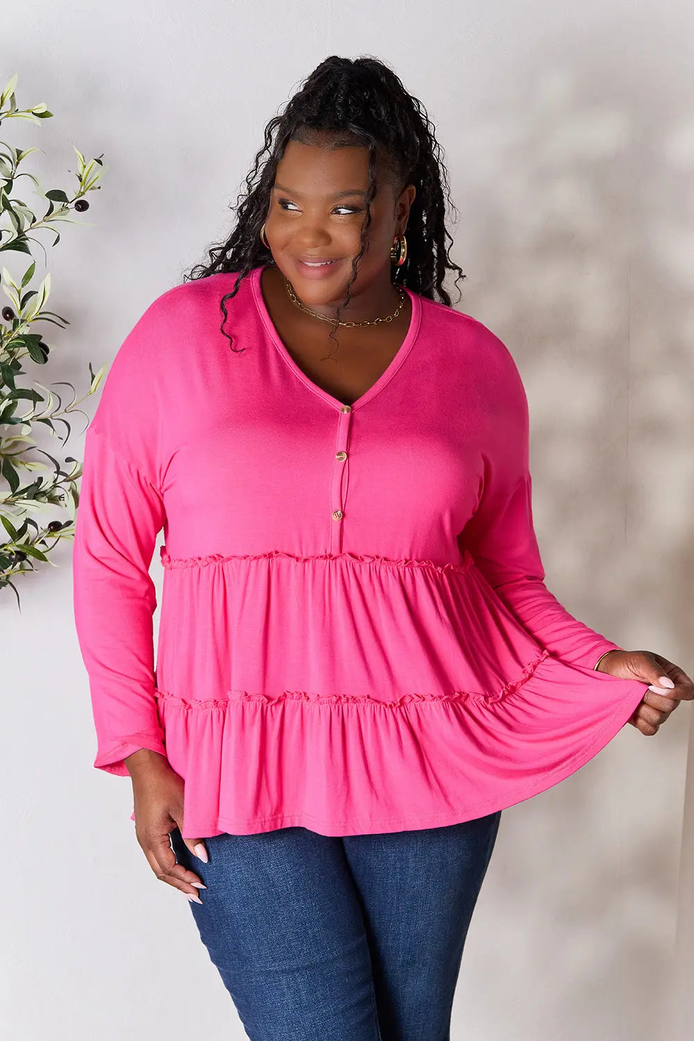 I am a Fashion Junky Take Half Button Long Sleeve Ruffle Hem Blouse