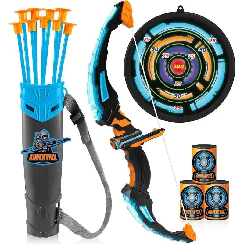 LED Bow &amp; Arrow Toy Set for Kids Light-Up Archery Play Kit with Suction Cup Arrows (Blue/Green)