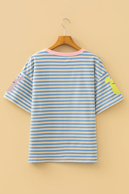 Sky Blue Stripe Sequin Easter Bunny Patched Drop Shoulder Tee - Loving It Shop