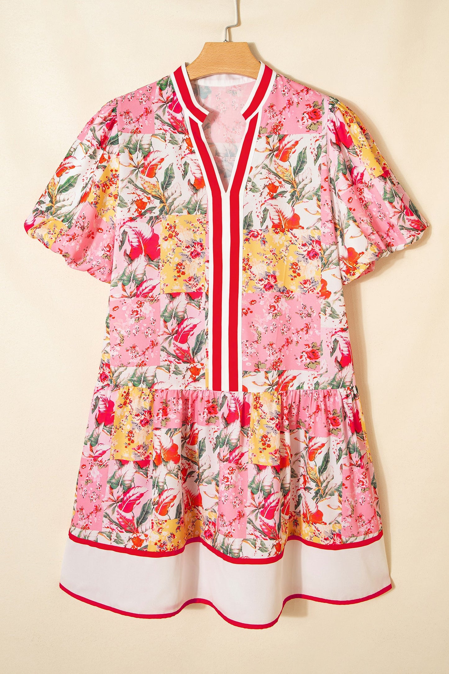 Pink Color Block Floral Print Contrast Trim V Neck Ruffle Hem Mini Dress