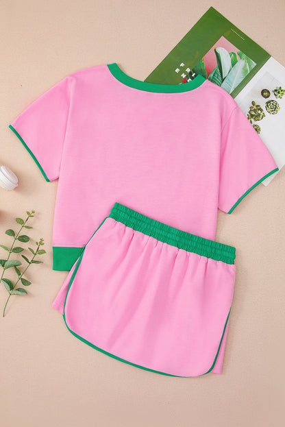 Bonbon Colorblock Edge Drop Shoulder T Shirt and Skort Set