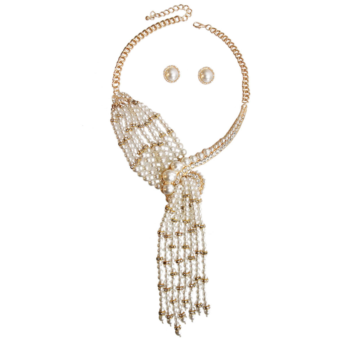 Statement Necklace Set Asymmetric Pearl and Rhinestone Knot Trendy Chic