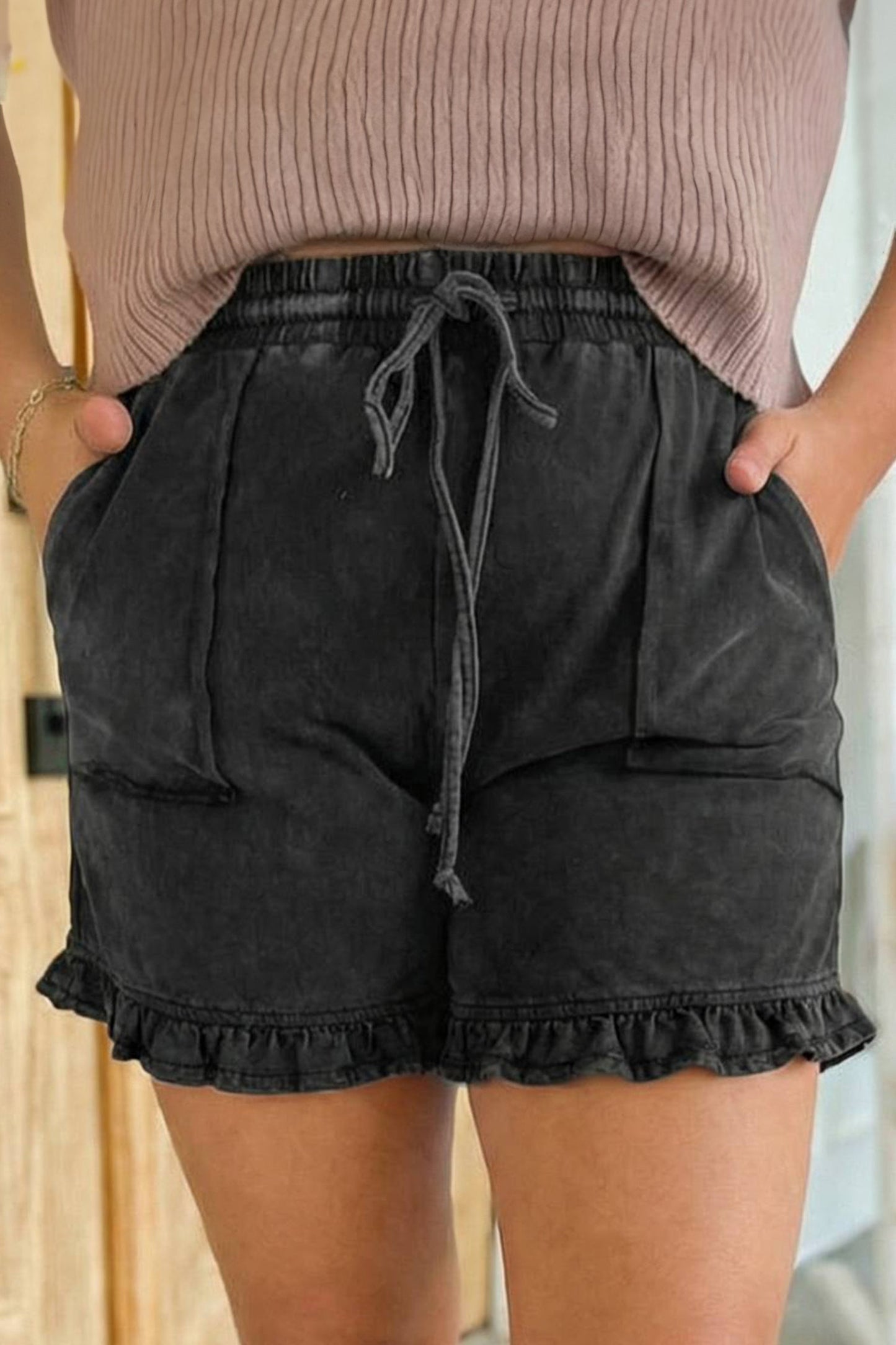 Black Mineral Wash Elastic Waist Drawstring Ruffle Hem Plus Shorts - Loving It Shop