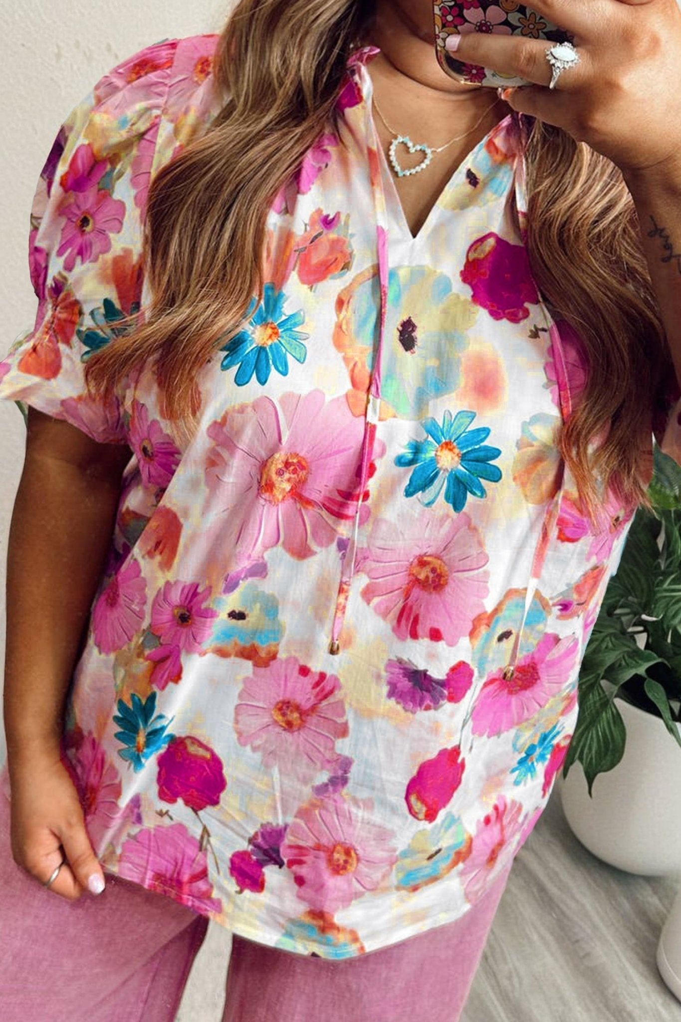 Pink Plus Size Floral Print Ruched Short Sleeve Blouse - Loving It Shop