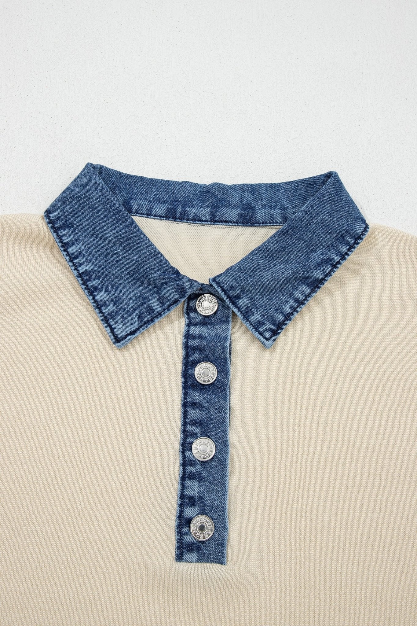 Jet Stream Short Sleeve Knit Denim Patchwork Polo Collar Sweater - Loving It Shop