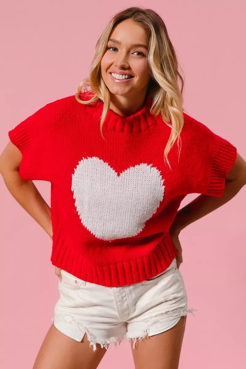 Rib Banded Heart Pattern Valentines Sweater