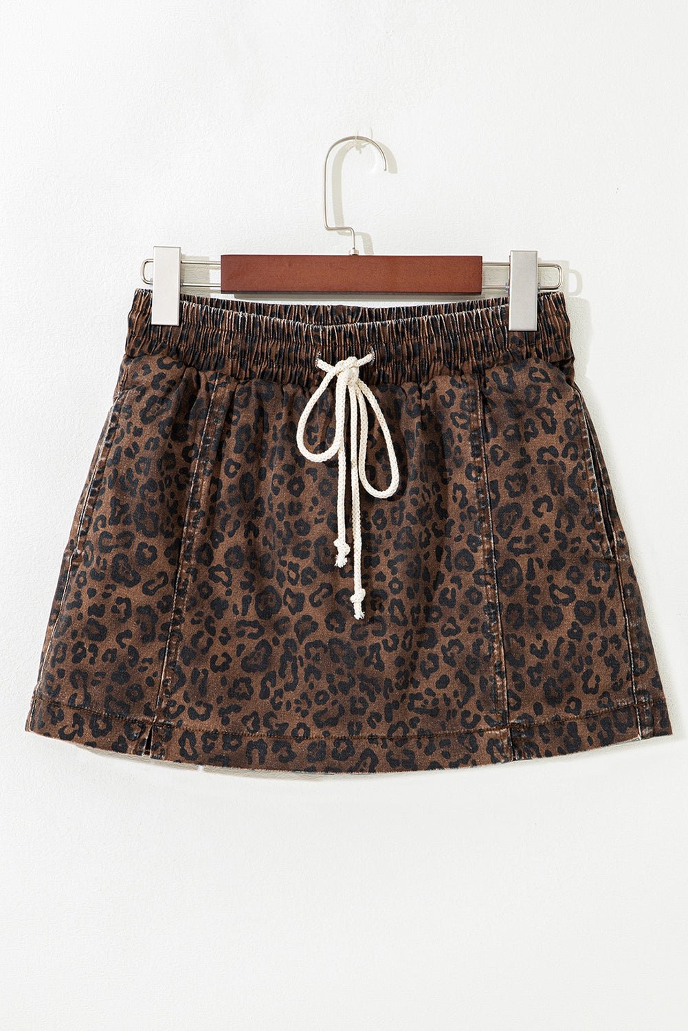 Brown Leopard Print Elastic Waistband Drawstring Denim Skort - Loving It Shop