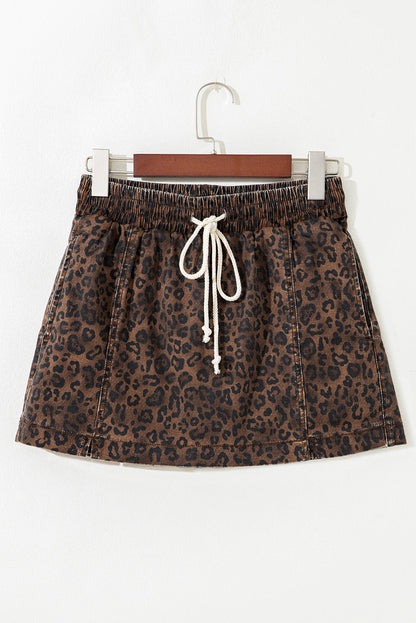 Brown Leopard Print Elastic Waistband Drawstring Denim Skort - Loving It Shop