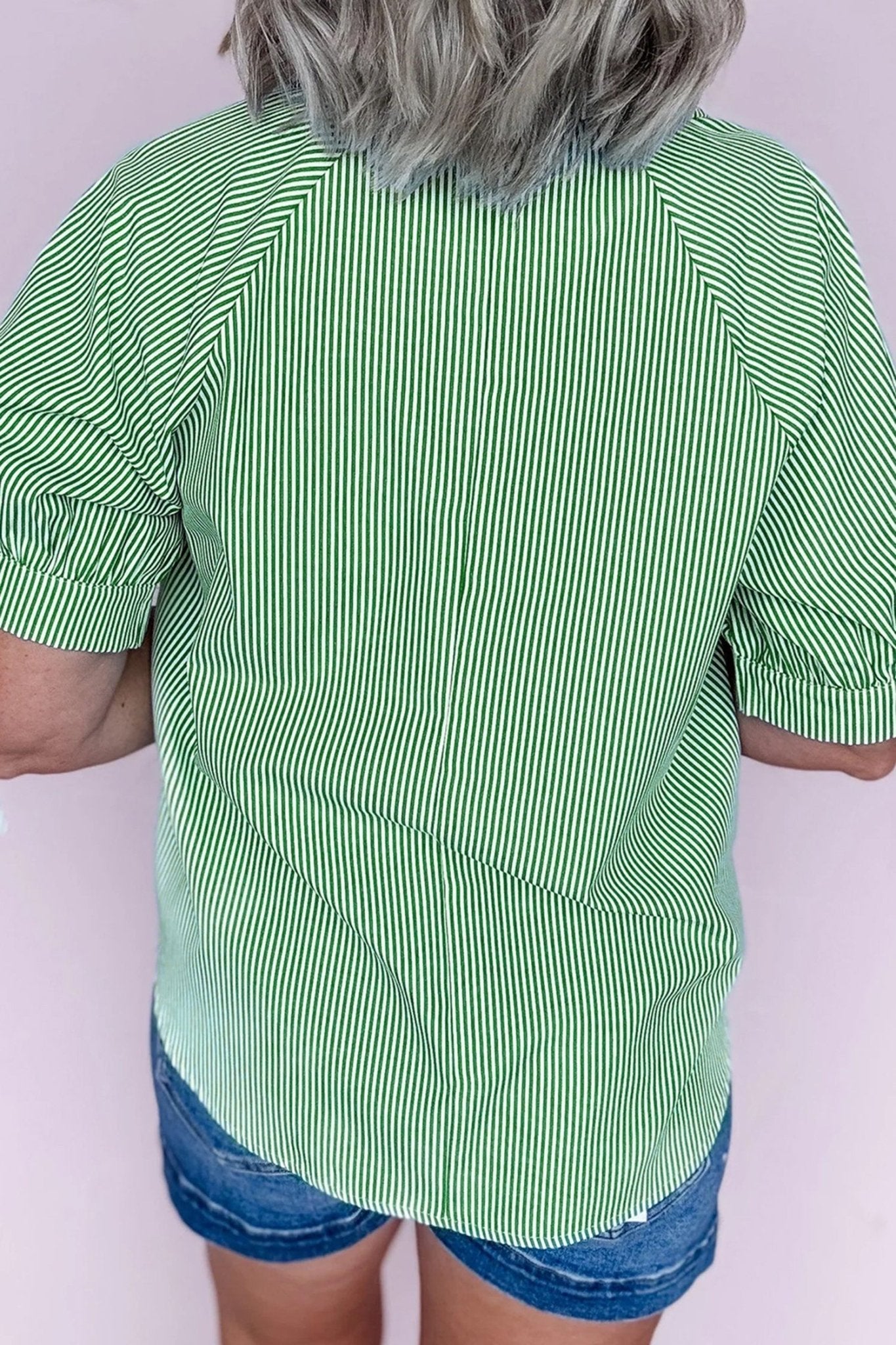 Mint Green Striped Print Collared Split Neck Half Sleeve Blouse - Loving It Shop
