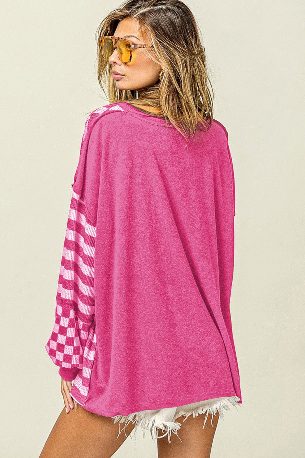 Rose Red Checkerboard Striped Patchwork Lantern Sleeve Pocketed Blouse - Loving It Shop
