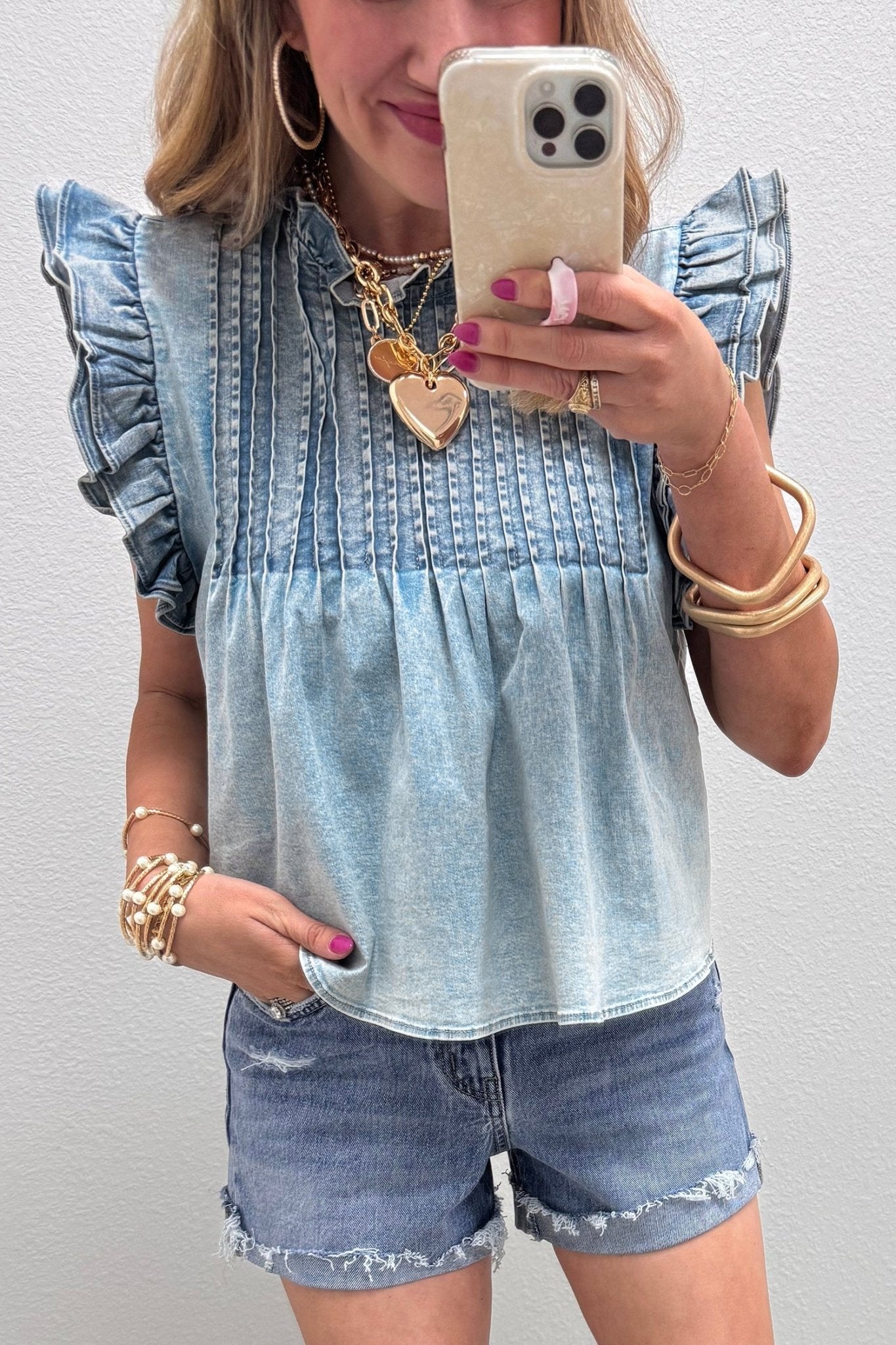 Beau Blue Ruffle Pleated Detail Vintage Washed Denim Top - Loving It Shop
