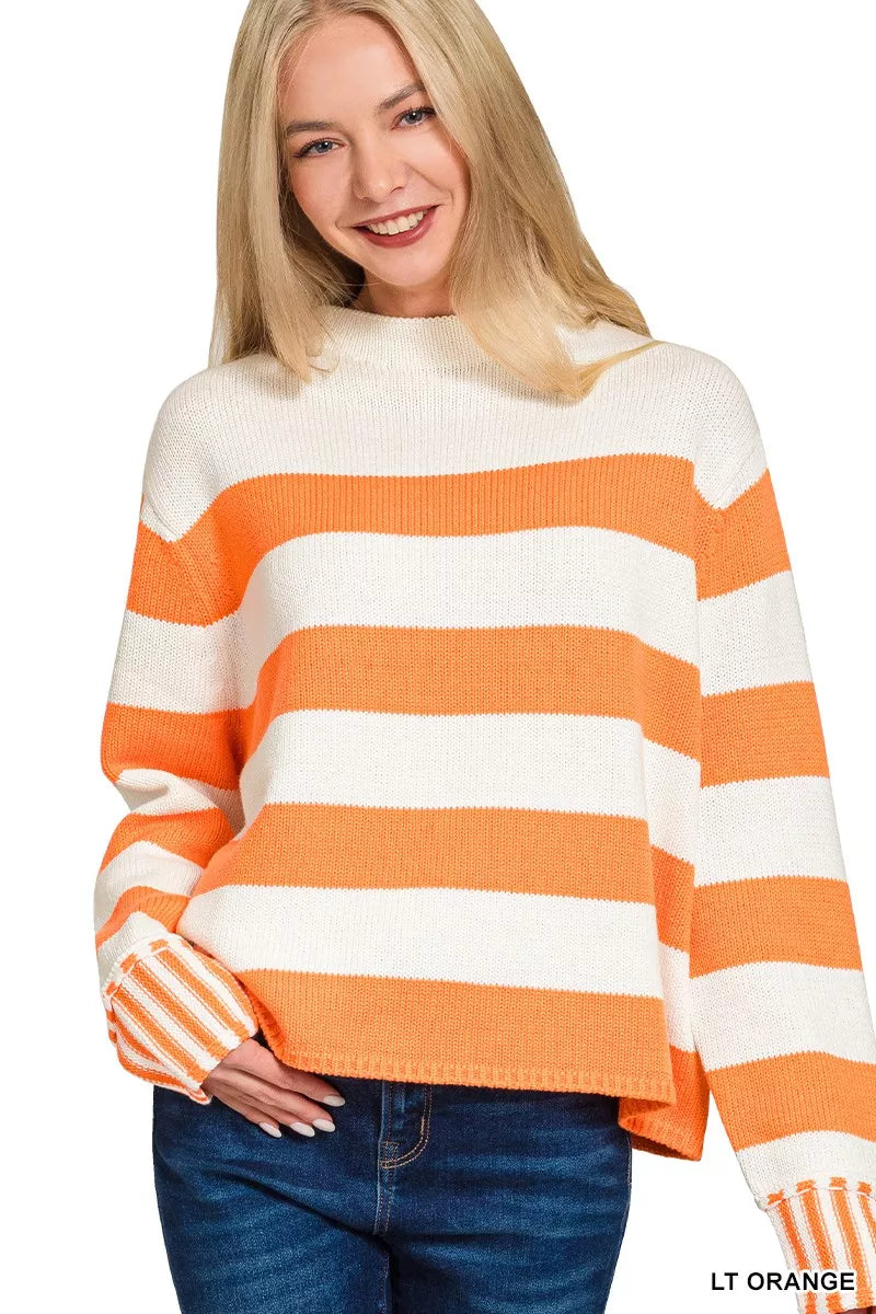 Ribbed Striped Mock Neck Sweater