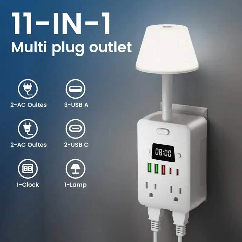 11-in-1 Multifunctional Power Strip with Desk Lamp, Clock, USB Ports &amp; Surge Protection