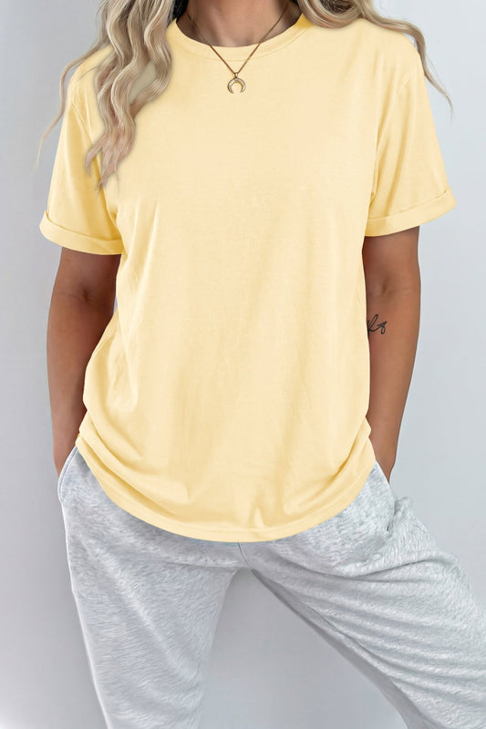Yellow Cream Casual Plain Crew Neck Tee - Loving It Shop
