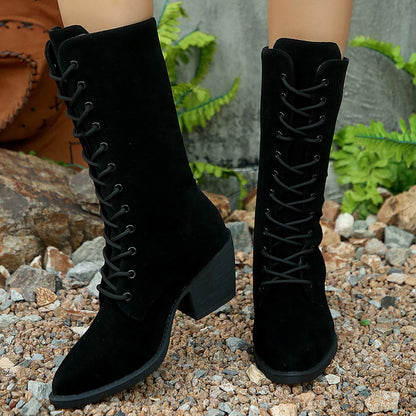 Mid-calf Fashion Suede Lace-up Pointed Chunky Heel Women&