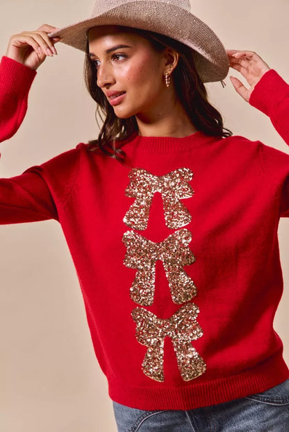 Sequins Bow Ribbon Embellished Christmas Sweater
