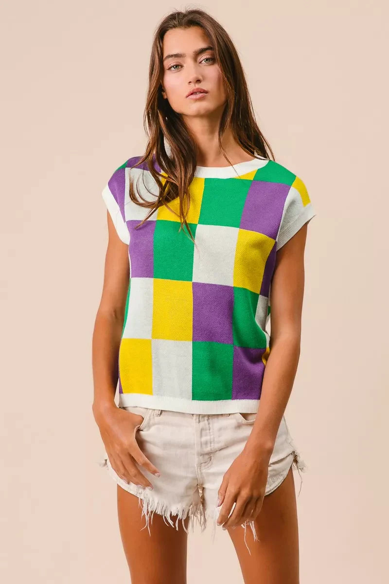 Mardi Gras Checker Pattern Sleeveless Sweater Top