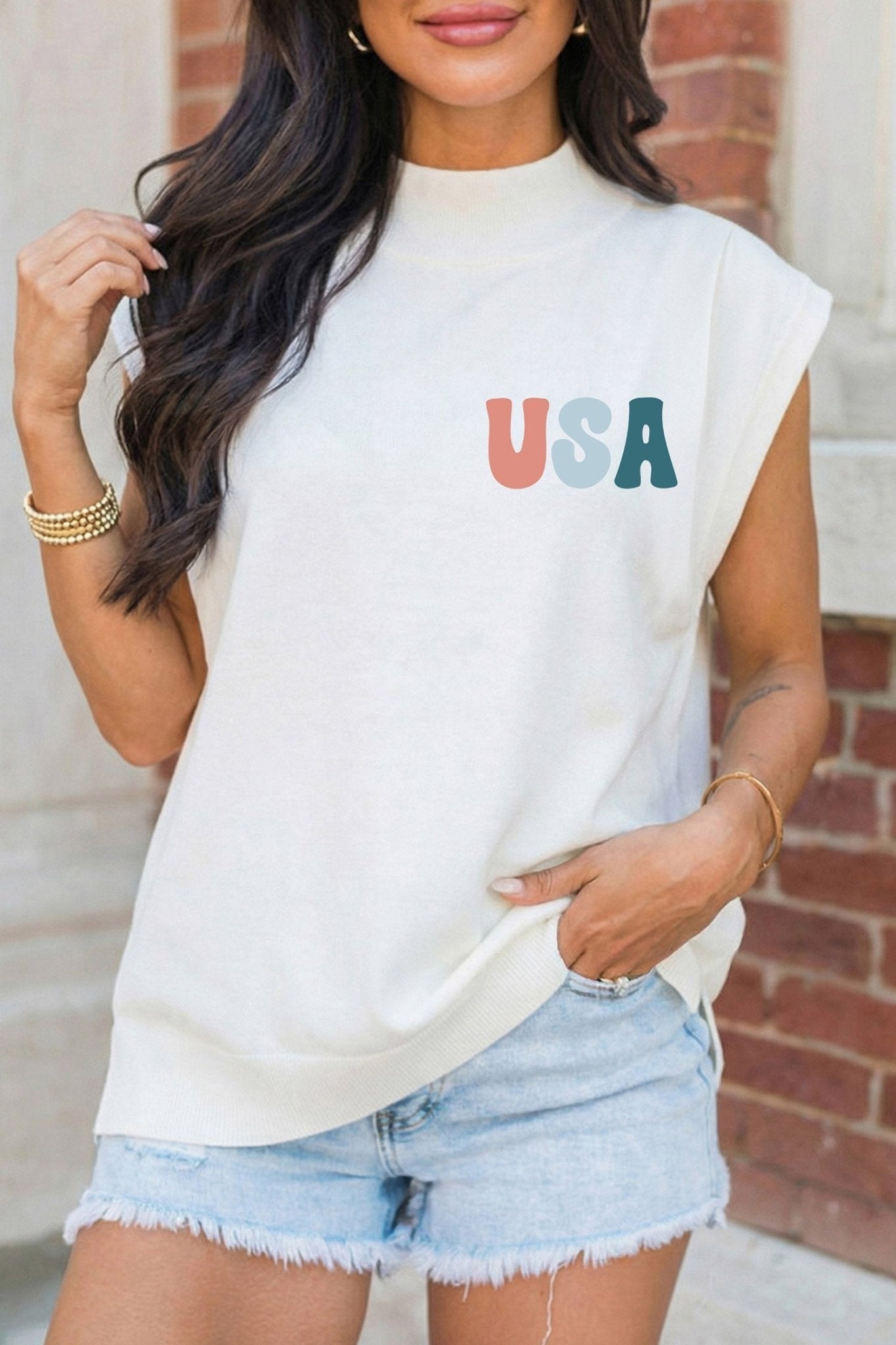 White USA/ Patriotic Victory Double Side Printed Mock Neck Tee - Loving It Shop