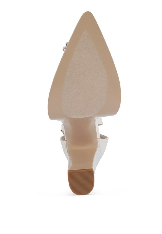 Maeissa Pearls Brooch Detail Block Heel Sandals