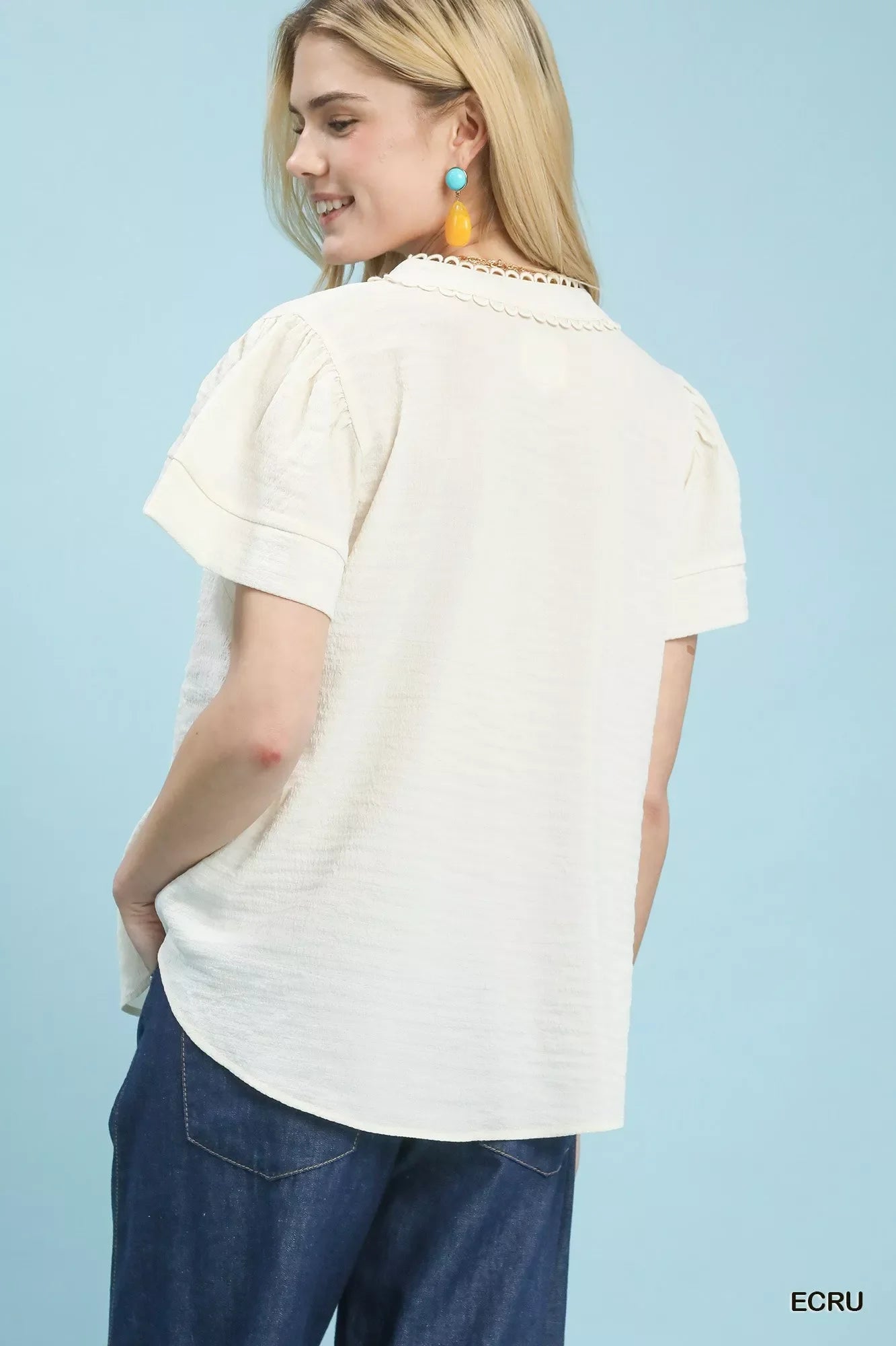 Seersucker Short Sleeve Top with Lace Trim