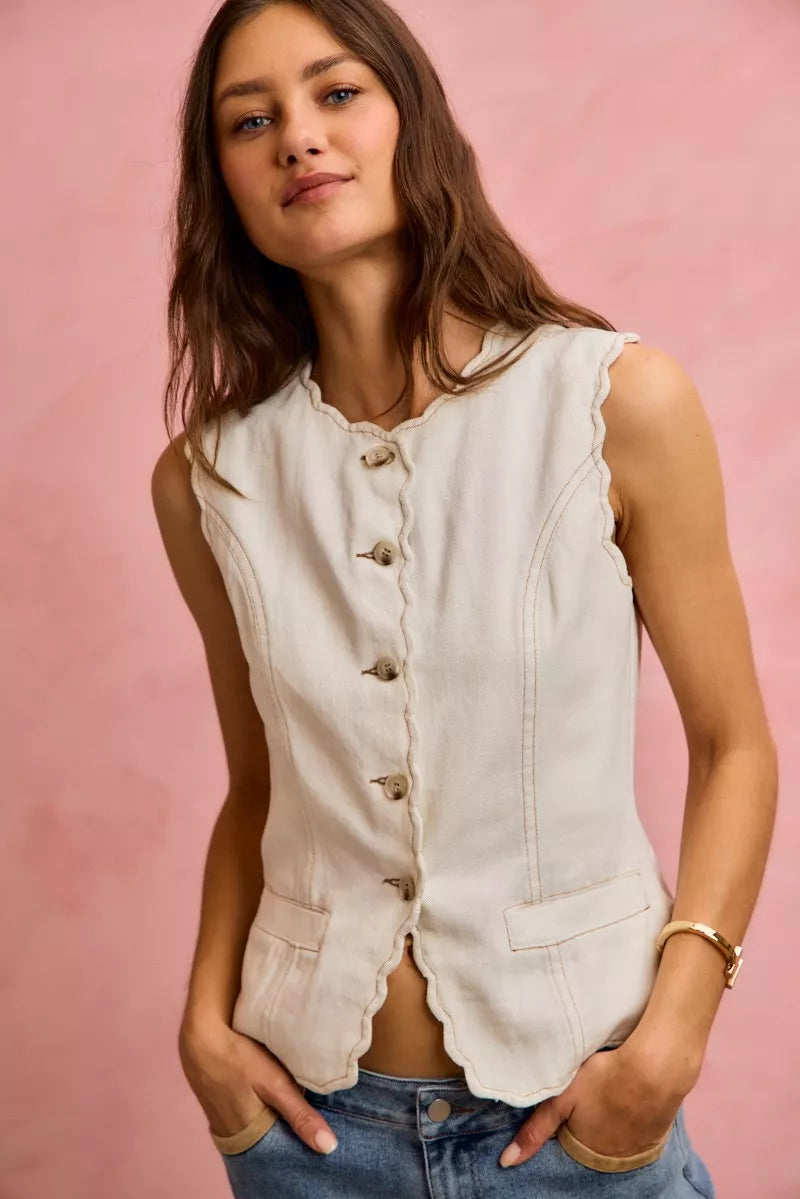 Scalloped Edge Cotton Twill Washed Vest Top