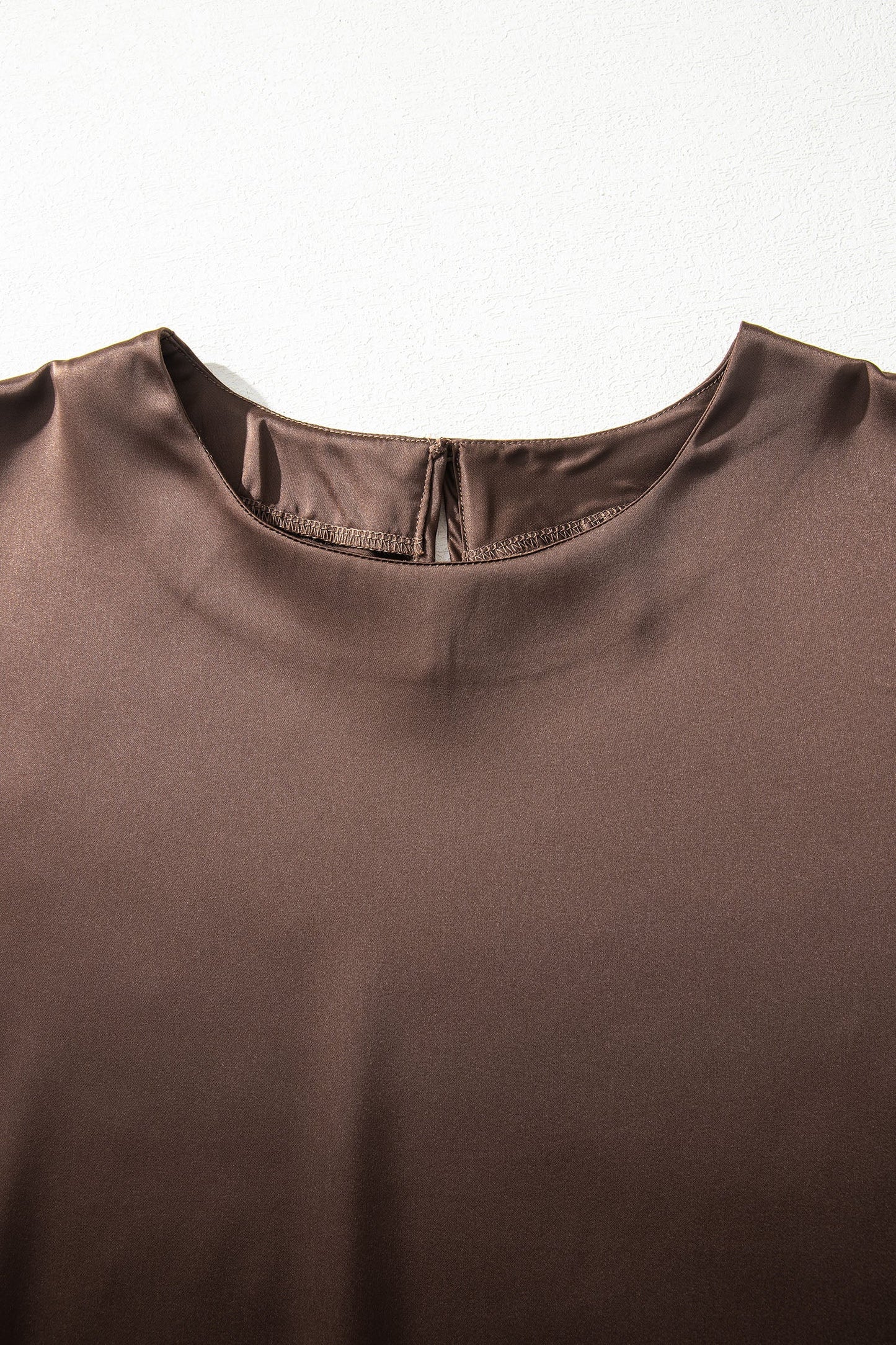 Coffee Asymmetric Lace Trim Short Sleeve Satin Top
