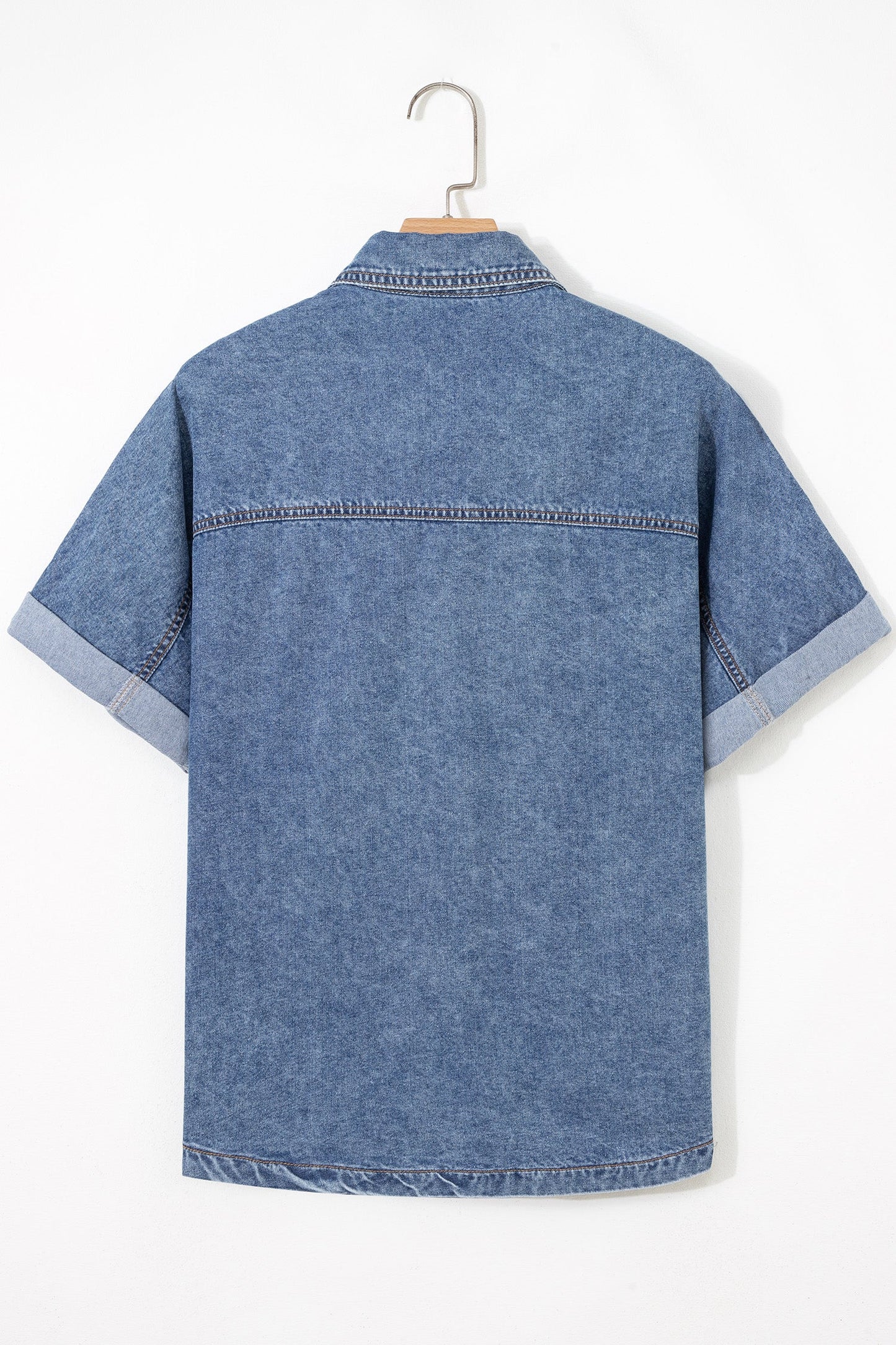 Button Flap Pocket Cuffed Short Sleeve Denim Shirt