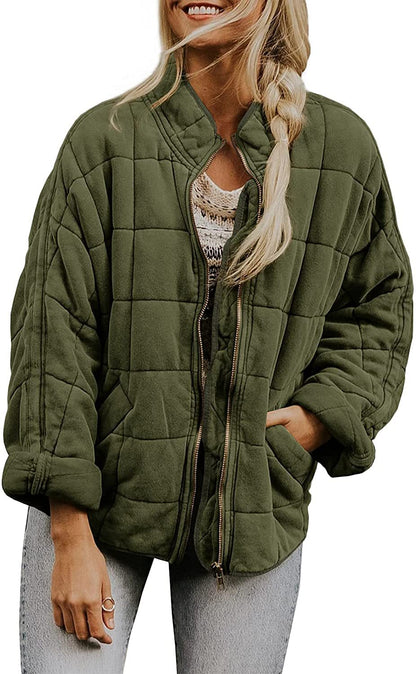 Winter Zip-up Stand Collar Coat With Pockets Fashion Solid Color Plaid Long Sleeved Jacket Women&
