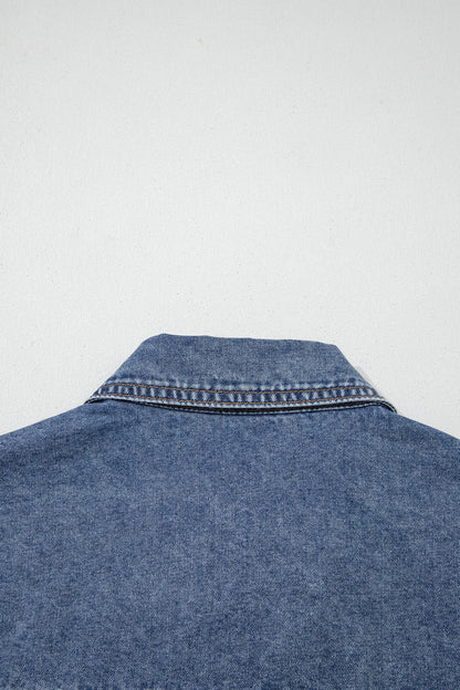 Button Flap Pocket Cuffed Short Sleeve Denim Shirt