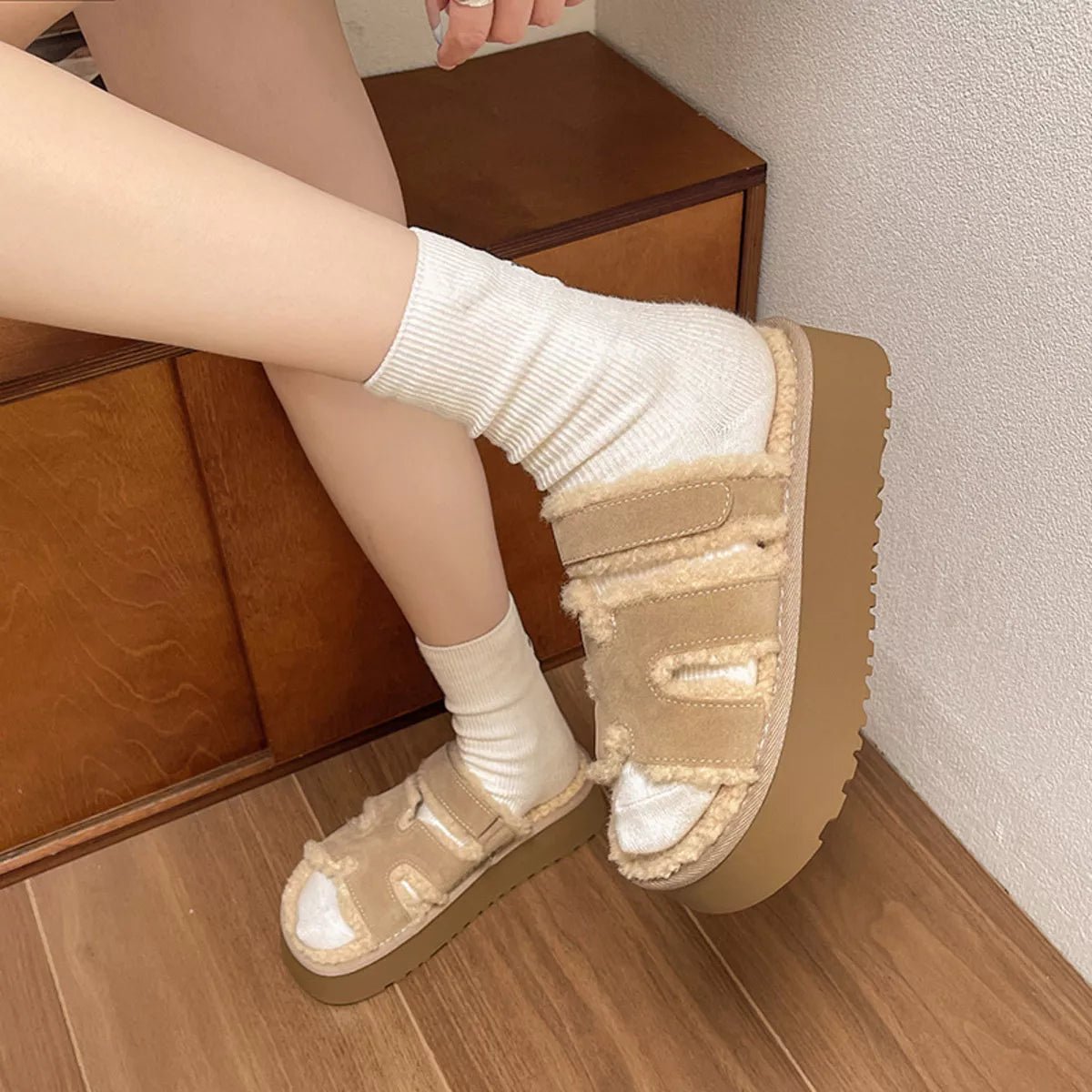 Fluffy Platform Velcro Slippers - Loving It Shop